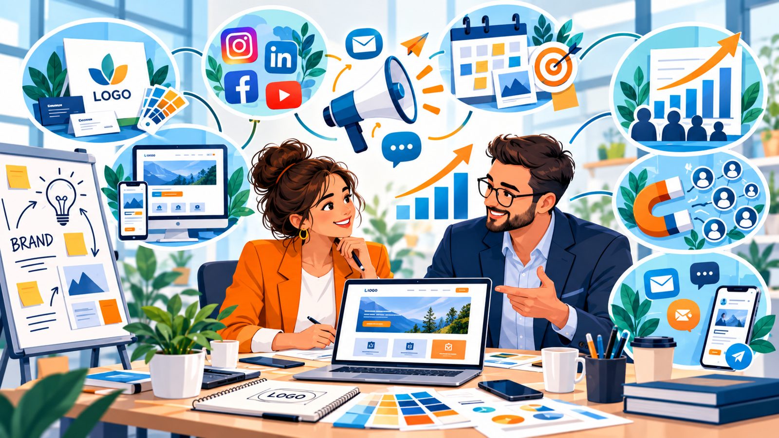 Deux collaborateurs travaillent sur le logo, le site web, les réseaux sociaux et la communication d'une entreprise.