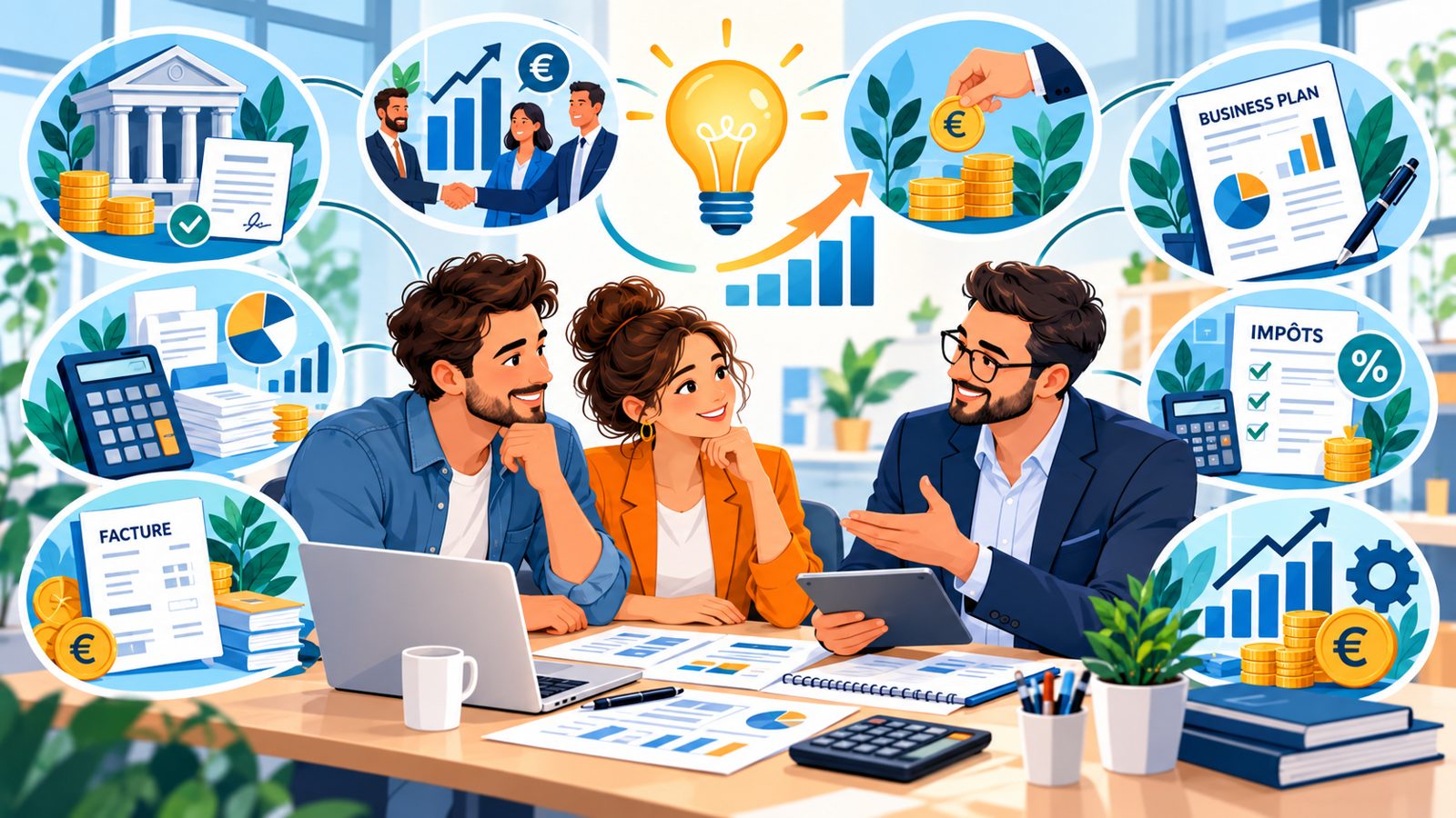 Trois personnes discutent de financement, comptabilité, facturation, impôts et business plan.