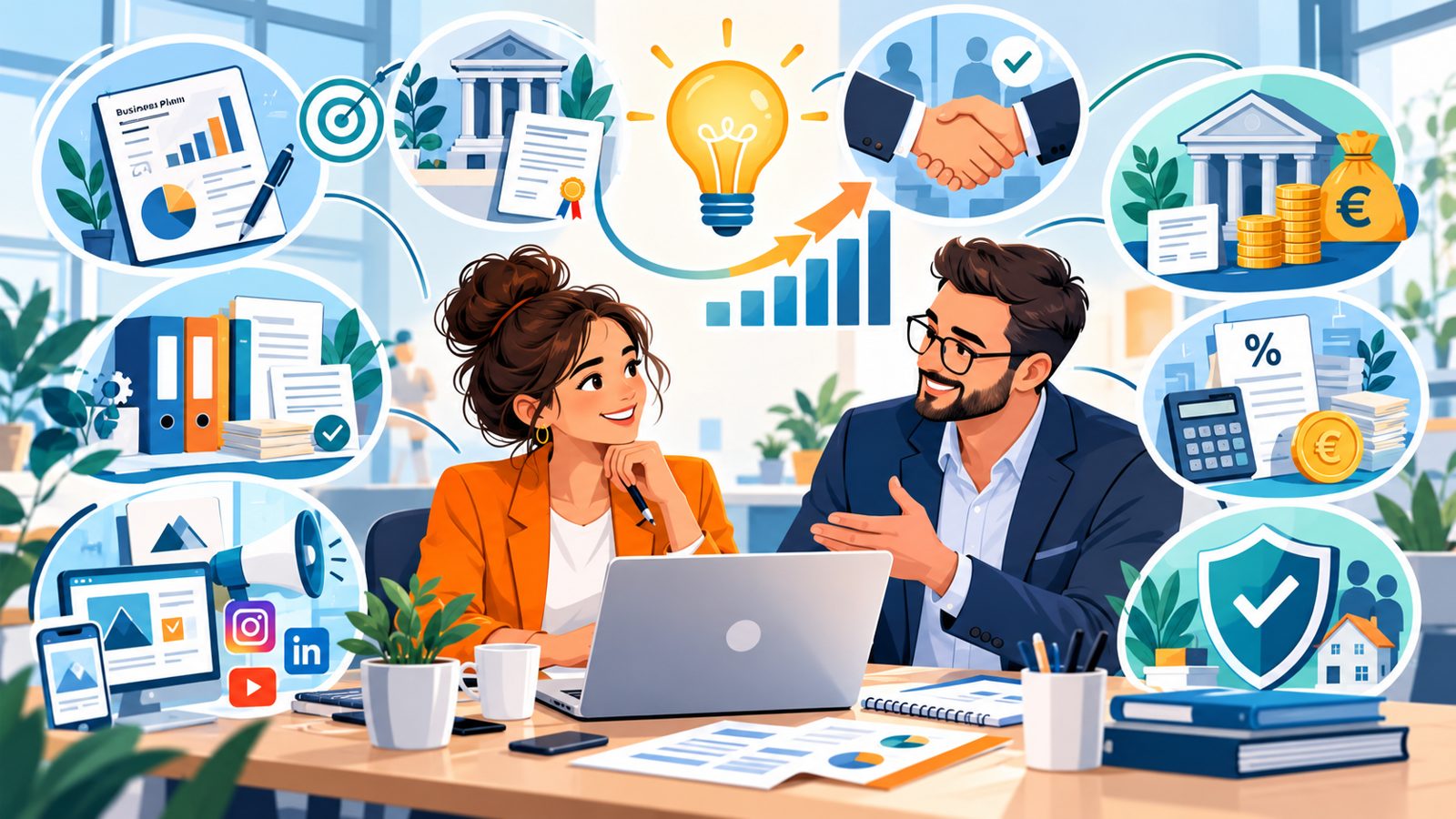 Vue d'ensemble : business plan, banque, financement, comptabilité, communication et assurances.